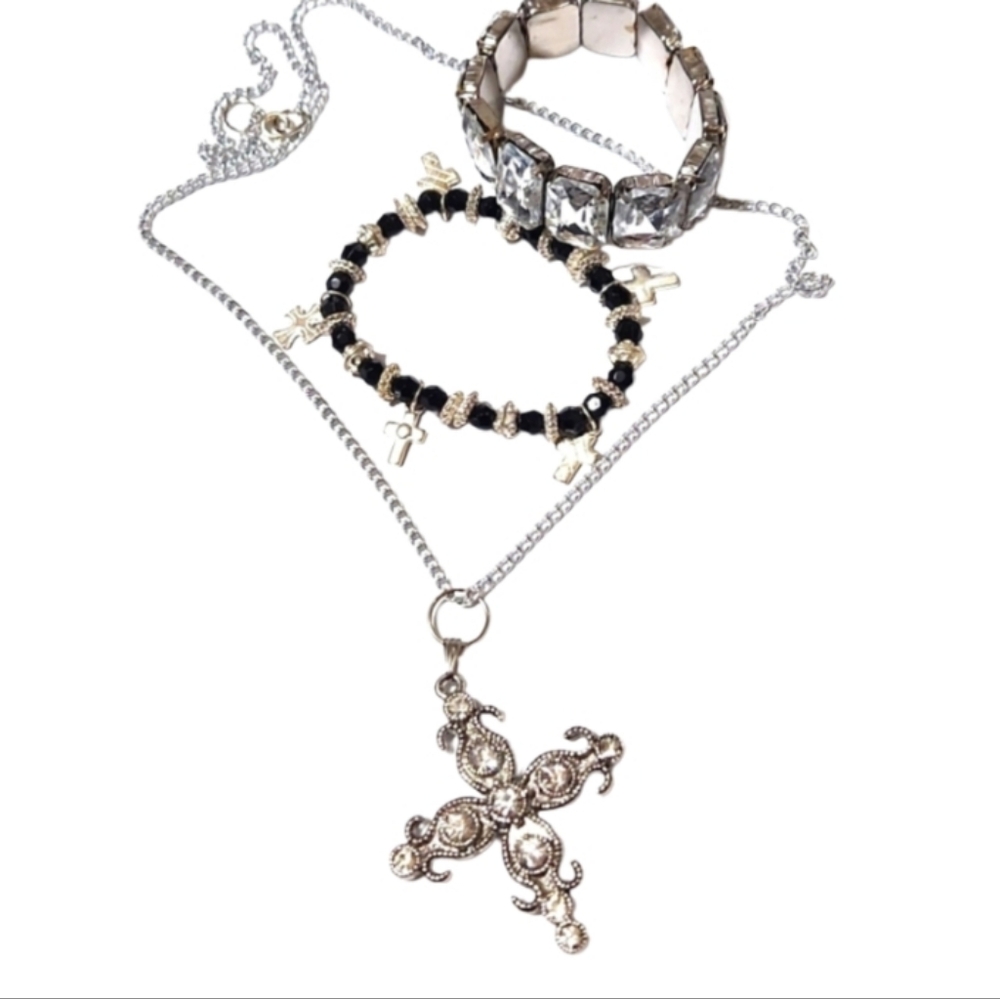 Christian cross necklace and beaded charm bracelet